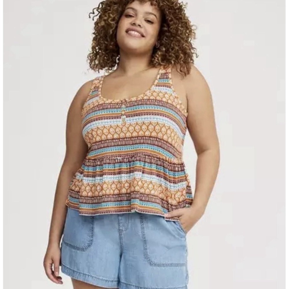 Torrid Women's Plus Babydoll Top Miley Border Soft Legion Blue Size 2 (2X) Boho